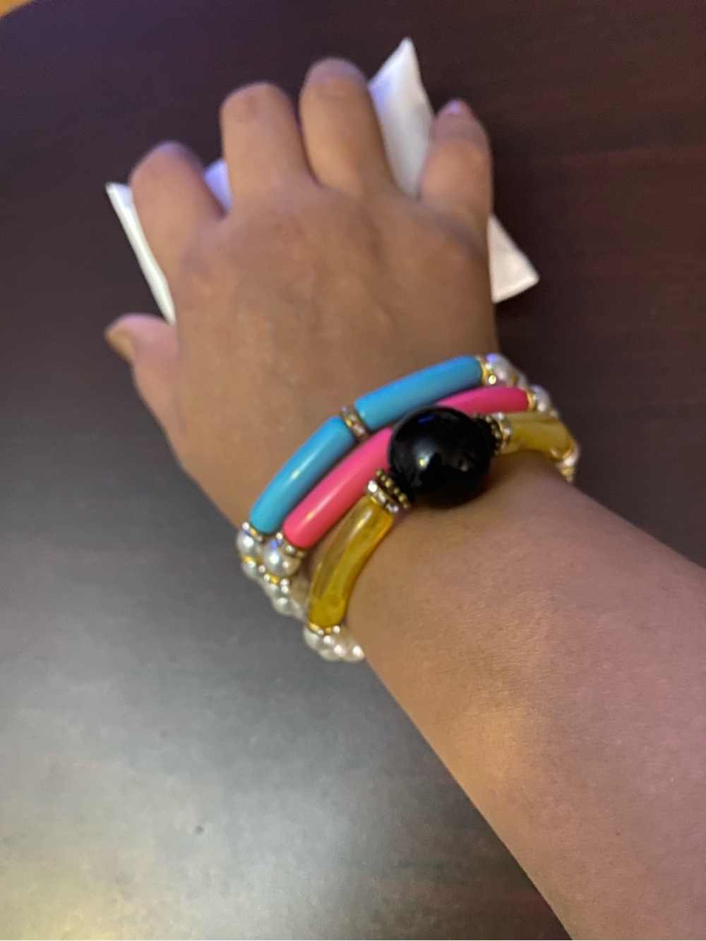 Pearl Bead Stretch bangles  Bracelet Set with Pink, Blue and Yellow Accents